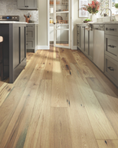 Wide plank hardwood flooring with matte finish